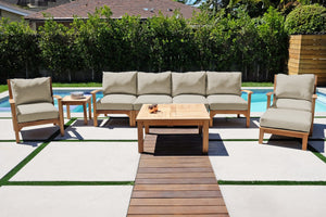 6 pc Huntington Teak Outdoor Deluxe Sofa Deep Seating Group with 36" Chat Table. Sunbrella Cushion