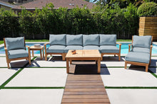 6 pc Huntington Teak Outdoor Deluxe Sofa Deep Seating Group with 36" Chat Table. Sunbrella Cushion