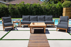 6 pc Huntington Teak Outdoor Deluxe Sofa Deep Seating Group with 36" Chat Table. Sunbrella Cushion