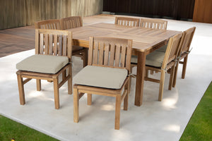 9 pc Huntington Teak Dining Set with 64" Square Dining Table. Sunbrella Cushion