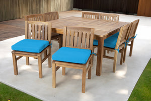 9 pc Huntington Teak Dining Set with 64" Square Dining Table. Sunbrella Cushion