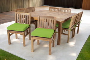 9 pc Huntington Teak Dining Set with 64" Square Dining Table. Sunbrella Cushion