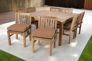 9 pc Huntington Teak Dining Set with 64" Square Dining Table. Sunbrella Cushion