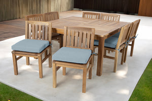 9 pc Huntington Teak Dining Set with 64" Square Dining Table. Sunbrella Cushion