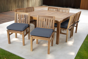 9 pc Huntington Teak Dining Set with 64" Square Dining Table. Sunbrella Cushion