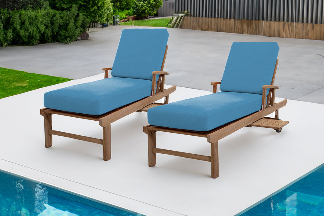 Set of 2 Huntington Teak Outdoor Chaise Lounger with Wheels Sunbrella Cushion.