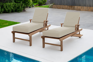 Set of 2 Huntington Teak Outdoor Chaise Lounger with Wheels Sunbrella Cushion.