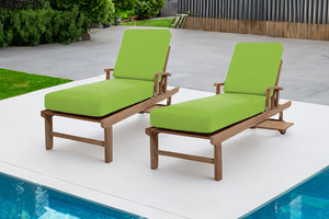 Set of 2 Huntington Teak Outdoor Chaise Lounger with Wheels Sunbrella Cushion.