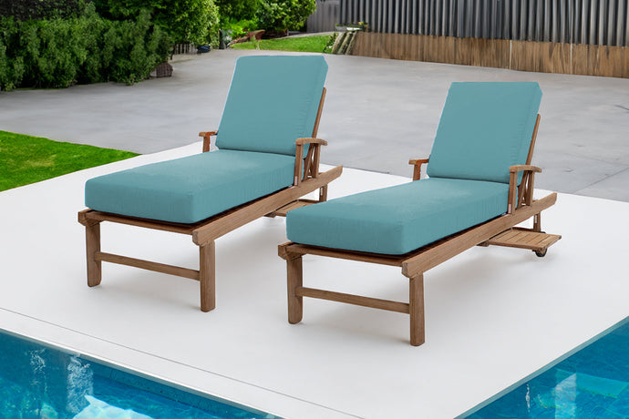 Set of 2 Huntington Teak Outdoor Chaise Lounger with Wheels Sunbrella Cushion.