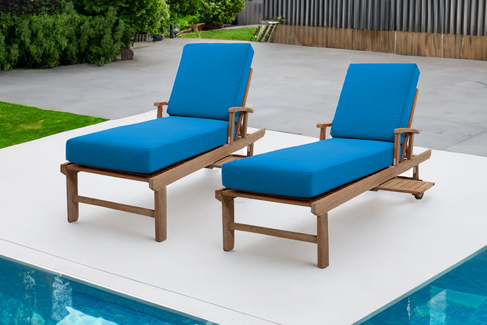 Set of 2 Huntington Teak Outdoor Chaise Lounger with Wheels Sunbrella Cushion.