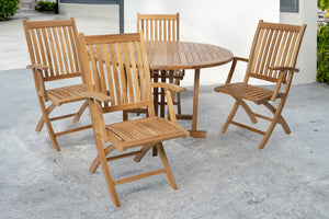 5 pc Lakeland Teak Folding Arm Chair Dining Set with 48" Round Drop Leaf Table