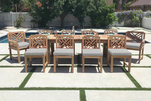 11 pc Monterey Teak Dining Set with 120" Double Leaf Expansion Table. Sunbrella Cushion