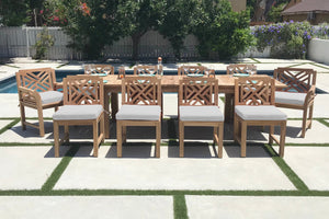 11 pc Monterey Teak Dining Set with 120" Double Leaf Expansion Table. Sunbrella Cushion