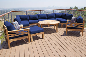 11 pc Monterey Teak Sectional Seating Group with 52" Chat Table. Sunbrella Cushion.