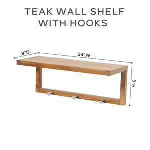 Teak Wall Shelf with Hooks