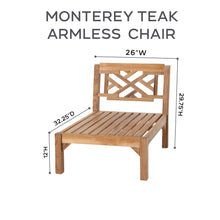 Monterey Teak Outdoor Armless Chair. Sunbrella Cushion