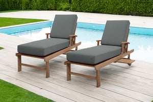 Set of 2 Monterey Teak Outdoor Chaise Lounger with Wheels Sunbrella Cushion.