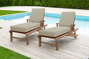 Set of 2 Monterey Teak Outdoor Chaise Lounger with Wheels Sunbrella Cushion.