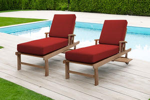 Set of 2 Monterey Teak Outdoor Chaise Lounger with Wheels Sunbrella Cushion.