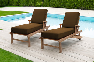 Set of 2 Monterey Teak Outdoor Chaise Lounger with Wheels Sunbrella Cushion.