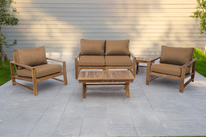 5 pc Newport Teak Loveseat Seating Group with 42" Coffee Table. Sunbrella Cushion.