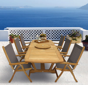 Royal Teak 7-Piece Florida Teak and Sling Dining Set with 64/80/96" Gala Expansion Double Leaf Table