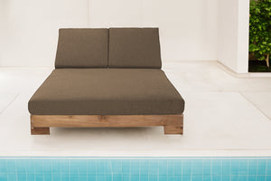 Pacific Teak Outdoor Double Chaise Lounger. Sunbrella Cushion.