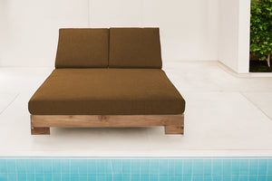 Pacific Teak Outdoor Double Chaise Lounger. Sunbrella Cushion.