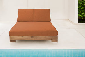 Pacific Teak Outdoor Double Chaise Lounger. Sunbrella Cushion.